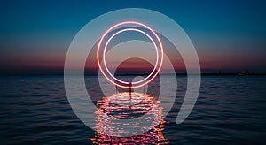 Glowing Circle Reflection in Water at Dusk Dramatic Sky