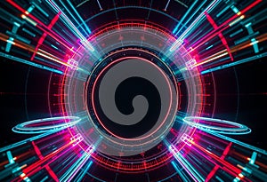 Glowing circles and lines of red and blue meet at a dark central void