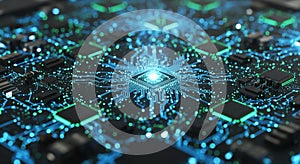 Glowing Circuit Board with Blue and Green Light Trails, Technology Concept