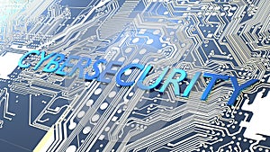 Glowing circuit board and a blue metal word cybersecurity