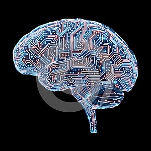 Glowing Circuit Board Brain on Black Background artificial intelligence