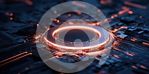 Glowing circuit board with central illuminated ring and data flow