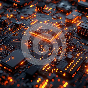 Glowing circuit board with central processing unit surrounded by orange led lights