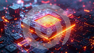 Glowing Circuit Board with Central Processor