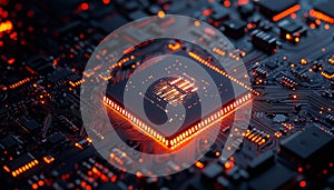 Close-up of a glowing microchip on a circuit board