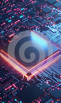 Glowing circuit board with a futuristic microprocessor design