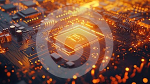 Glowing circuit board with illuminated central processor unit