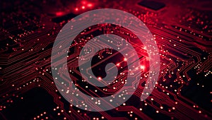 Glowing circuit board with illuminated pathways and central processor chip.