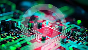 Glowing Circuit Board with a Kater It Chip Highlighting Advanced Electronics and Technology