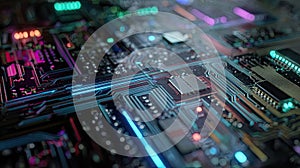 Glowing circuit board lines transmitting data signals