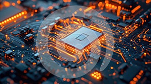 Glowing circuit board processing digital data in technology
