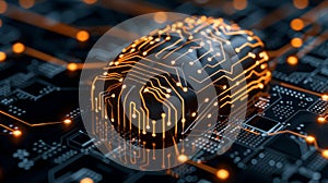 A glowing circuit board shaped like a brain on a technological background. This image represents the concept of artificial