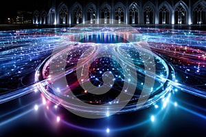 Glowing Circular Network Pattern in Front of Gothic Architecture