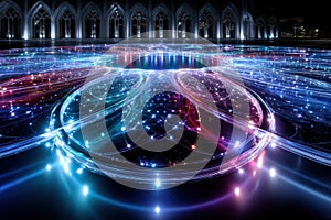 Glowing Circular Network Pattern in Front of Gothic Architecture