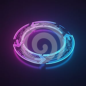 A glowing circular structure features digital design elements in