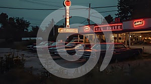 Glowing Classics: Neon Signs and Vintage Cars at Dusk./n