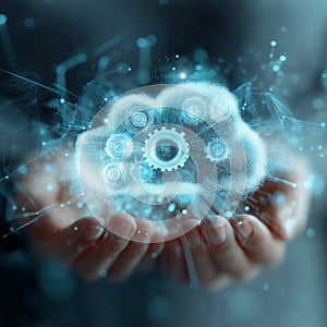 Glowing Cloud Computing Concept with Digital Gears and Futuristic Technology Interface