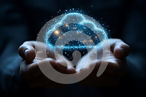 Glowing Cloud Computing Concept Hands Holding Digital Data Network
