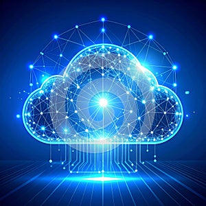 Glowing Cloud Computing Data Center with Blue Background and Circuit Board