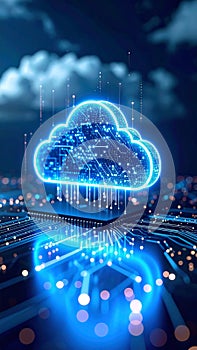 Glowing cloud computing icon with circuit board and data transfer concept