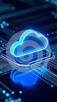 Glowing Cloud Computing Icon on Circuit Board Illustration Concept Technology
