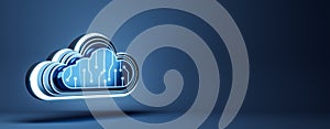 Glowing cloud computing icon with circuit lines on blue background. 3D Rendering
