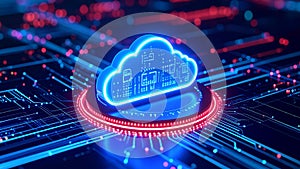 Glowing cloud computing icon with data transfer and digital network connections.