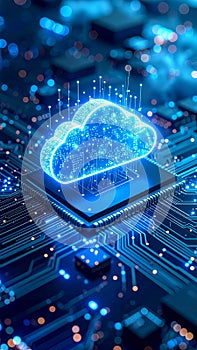 Glowing cloud computing symbol on a circuit board represents data storage and technology