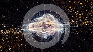 Glowing Cloud Formation with Digital Network and Particles on Dark Background computing technology