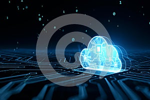 Glowing cloud hologram. Cloud computing technology internet on converging point of circuit and abstract blue backdrop. Cloud