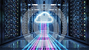 Glowing Cloud Hovering Above Server Racks with Data Streams