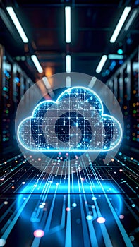 Glowing cloud icon with digital data lines in a server room symbolizing cloud computing and data storage