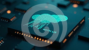 Glowing Cloud Icon on Digital Microchip