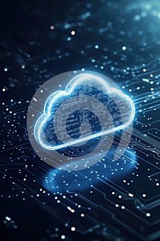 Cloud icon floating above an abstract digital circuit background, representing cloud computing and data storage