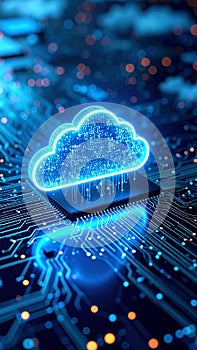 Glowing cloud icon over circuit board illustrating cloud computing and data storage