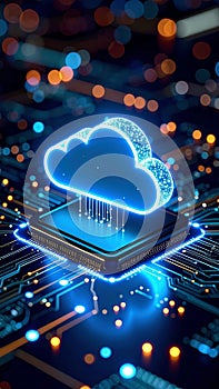 Glowing cloud icon over computer processor circuit board technology concept