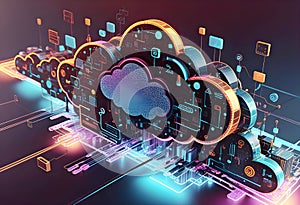 Glowing Cloud icon technology concept exploded panel with cloud services