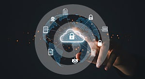 Glowing Cloud Security Network on Digital Globe with Hand Pointing