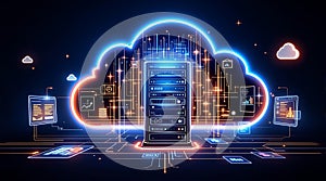 Glowing cloud server with digital data streams cloud computing