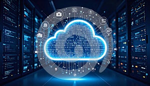 A glowing cloud-shaped data visualization, composed of binary co