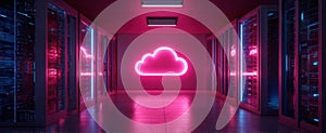 The glowing cloud symbol in a futuristic server room setting. AI generated image