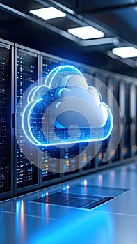 Glowing cloud symbol in a server room symbolizing cloud computing and data storage.