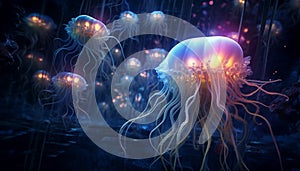 Glowing cnidarian floats in dark underwater motion generated by AI