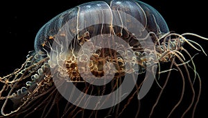 Glowing cnidarian levitates in dark underwater space generated by AI