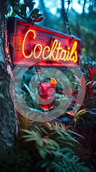 Glowing Cocktails neon sign nestled among lush greenery, creating an inviting ambiance for a hidden garden bar offering