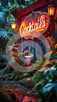 Glowing Cocktails neon sign nestled among lush greenery, creating an inviting ambiance for a hidden garden bar offering