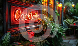 Glowing Cocktails neon sign nestled among lush greenery, creating an inviting ambiance for a hidden garden bar offering