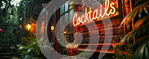 Glowing Cocktails neon sign nestled among lush greenery, creating an inviting ambiance for a hidden garden bar offering