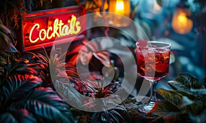 Glowing Cocktails neon sign nestled among lush greenery, creating an inviting ambiance for a hidden garden bar offering