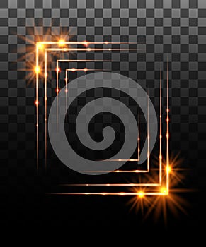 Glowing collection. Golden border frame effect, light effects isolated on transparent background. Sunlight lens flare, stars. Shin photo